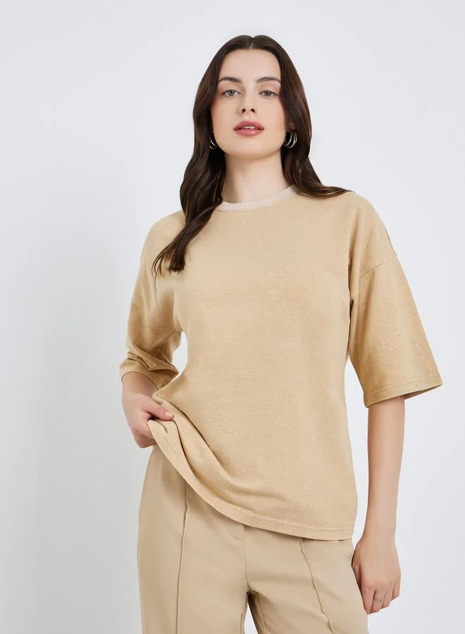 ستايلي Women Washed Studded Sleeve 100% Cotton T-Shirt